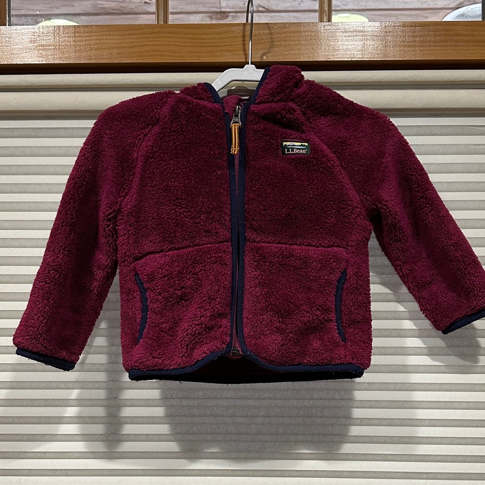L.L. Bean Toddler Maroon Fleece Jacket with Dark Blue Accents - Bear hood.